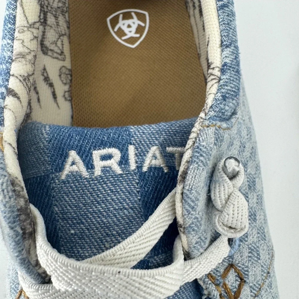 Ariat Hilo Women Blue‎ Checkerboard Denim Loafers Moc Toe Shoes  7.5